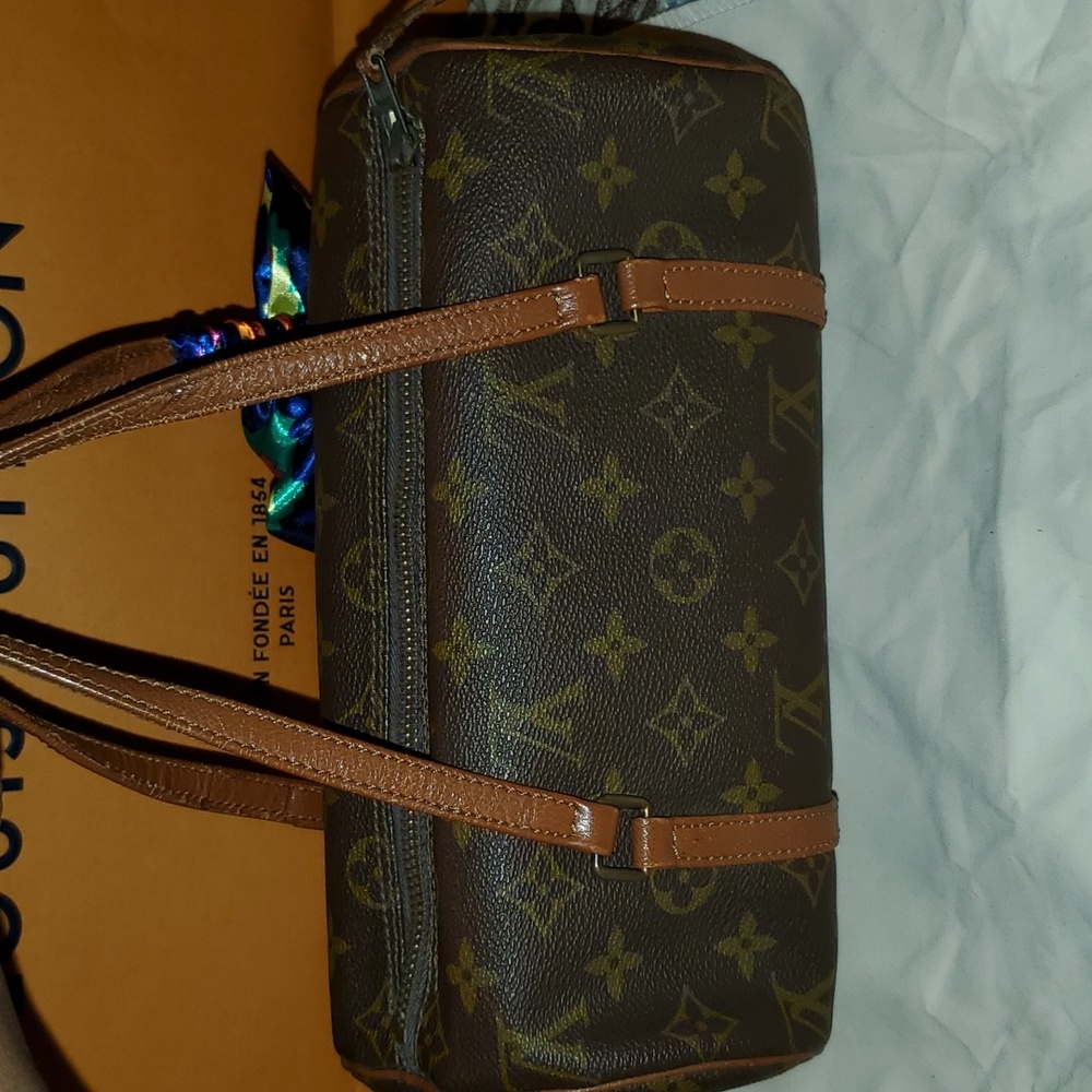 Louis Vuitton Brown Monogram Barrel Bag with Multicolor Silk Scarf Accent - Picture 2 of 8